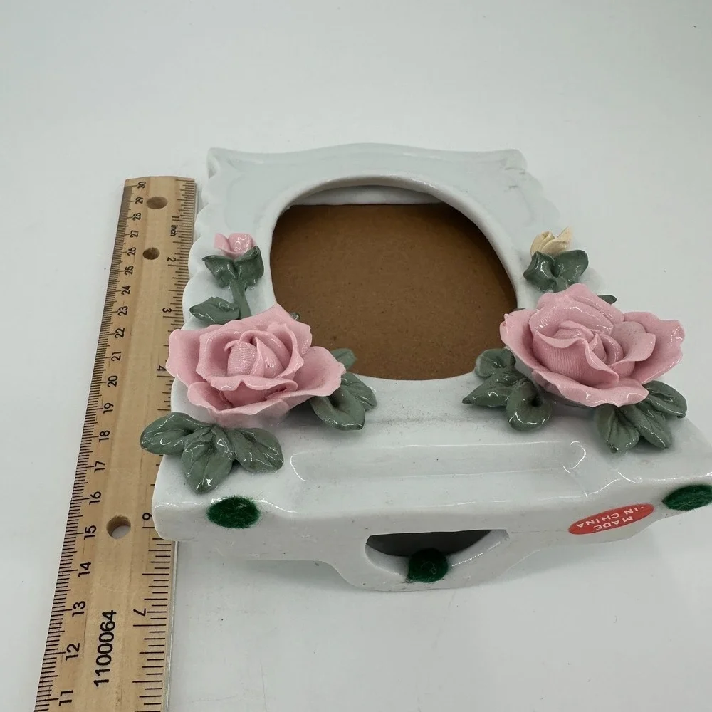 Vintage White Ceramic 3x5 or 4x6 Photo Frame with Pink Roses - Cottagecore